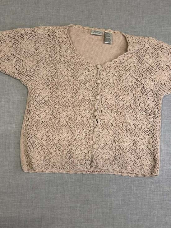 Jaclyn Smith Classics Sweaters - Jaclyn Smith Classics Floral Crochet Short Sleeve Cardigan, Size Medium